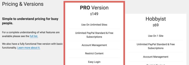 Pricing grid on Pro page